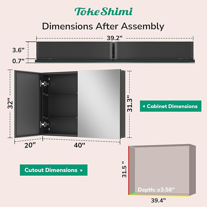 TokeShimi 40 x 32 Mirrored Medicine Cabinet Recessed or Wall Mounted, Aluminum Tempered Black Bathroom Medicine Cabinet with Mirror with Adjustable Storage Metal for Modern Farmhouse