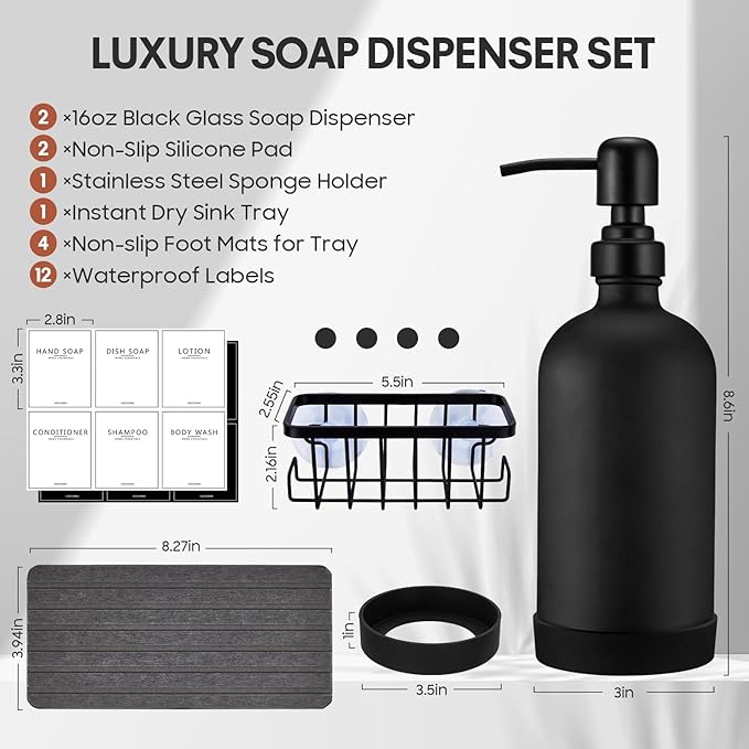 Kitchen Soap Dispenser Set with Instant Dry Tray & Sponge Holder,16 Oz Hand and Dish Soap Black Glass Dispenser Set,Stainless Steel Pump,Waterproof Labels,Luxury Soap Bottle for Bathroom