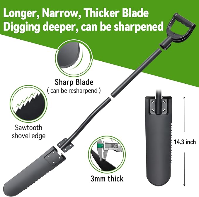 Spade Shovel,15 inch Long Narrow Spade, Heavy Duty Garden Trench Shovel for Digging,Trenching, Planting,Scraping, Edging with Cutting Blade, D Handle, Foot Rest Pedal, 45 Inches Drain Spade
