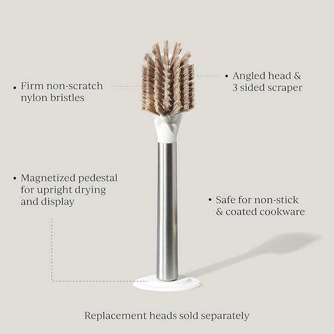 Ionic Dish Brush, Magnetized to Stand Upright, Stainless Steel with Replaceable Head, Silver