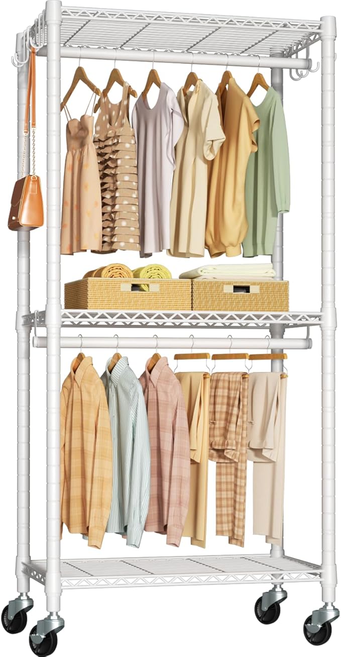 P3 Mini Rolling Clothes Rack, Clothing Racks for Hanging Clothes, Heavy Duty Garment Rack, Freestanding Portable Closet Rack 23.6'' W x 14'' D x 78.5'' H, Max Load 430 Lbs, White