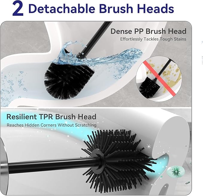 DOWRY Stainless Steel Toilet Bowl Brush and Holder for Bathroom, Deep Cleaning Toilet Brush and Holder Set with Long Handle, Hidden Toilet Bowl Brush with 2 Heads,Modern Decor Nickel Brushed Square