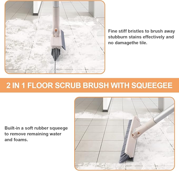 Grout Brush with Long Handle, 2 in 1 V-Shaped Floor Scrub Brush for Cleaning, Bathroom, Garage, Wall, Patio, and Tile, Stiff Bristle Brush with 54'' Telescopic Handle
