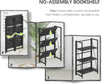 4NM No-Assembly Folding Bookshelf Storage Shelves 3 Tiers Vintage Bookcase Standing Racks Study Organizer Home Office (Gray Black)