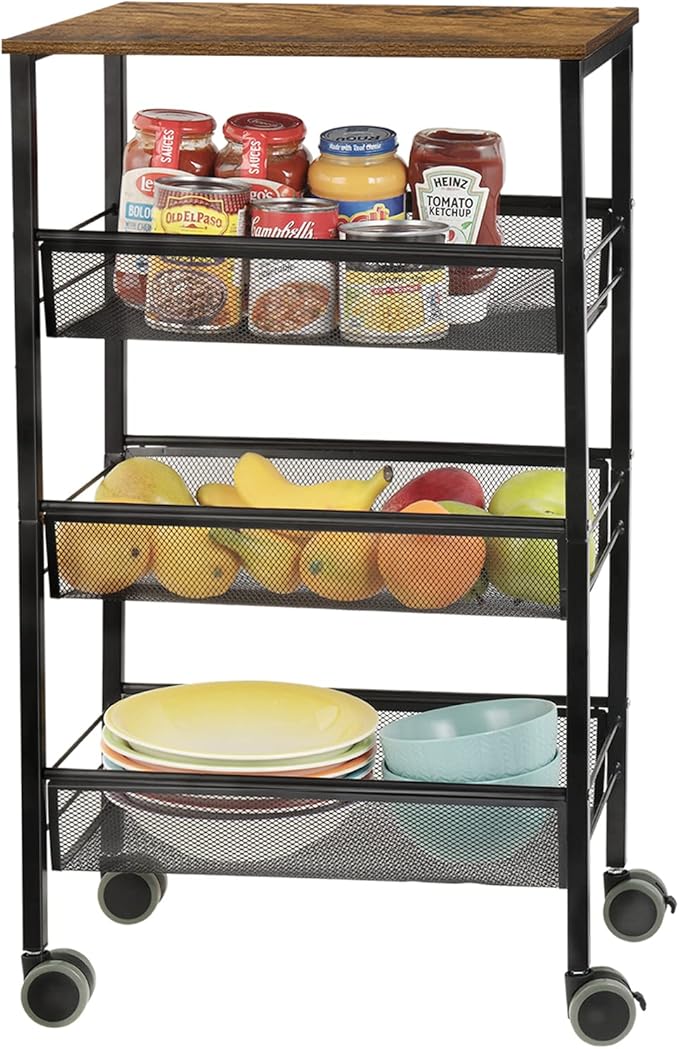 Kitchen Storage Rolling Cart, 4-Tier Kitchen Island Cart on Wheels with Wooden Shelves, Lockable Utility Cart with Mesh Baskets for Narrow Space on Dining Room Bathroom，Black