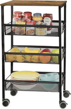 Kitchen Storage Rolling Cart, 4-Tier Kitchen Island Cart on Wheels with Wooden Shelves, Lockable Utility Cart with Mesh Baskets for Narrow Space on Dining Room Bathroom，Black