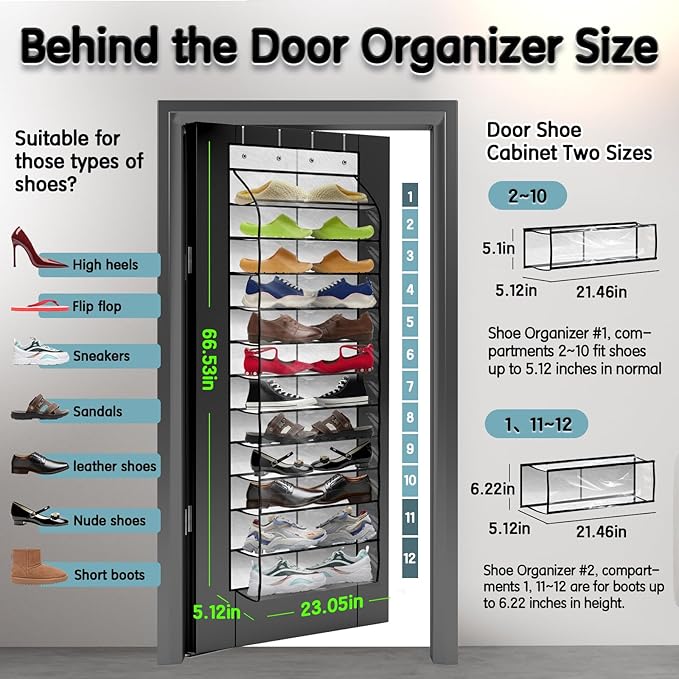 Over The Door Shoe Organizer with 12 Large Clear Pockets - Durable Hanging Storage for Family Shoes - White