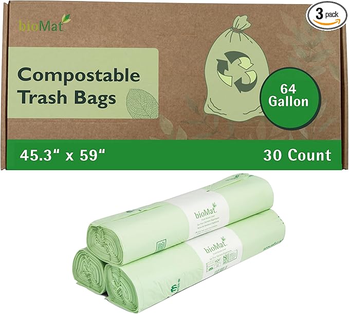 bioMat 64 Gallon Compostable Trash Bags, 30 Count, BPI ASTM D6400 Certified Compost Liner Bags for Trash Can