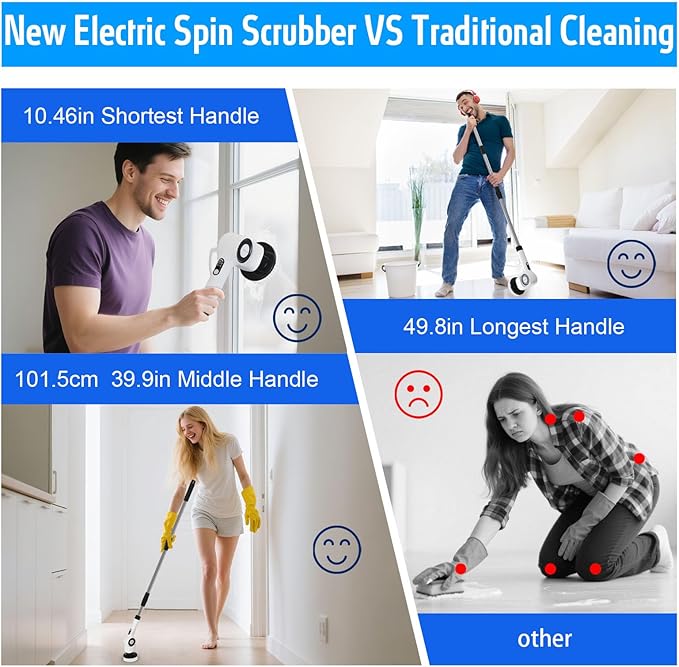 Electric Spin Scrubber,Cordless Cleaning Brush with 8 Replaceable Brush Heads,360°Power Scrubber for Tub and Floor Tile,with 3 Adjustable Speed & Rotatable & Detachable Handle for Bathroom Kitchen Car