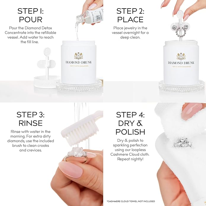 Diamond Drunk The Starter Collections - Non-Toxic, Fine Jewelry Cleaning Kit for Diamond, Gold, & Platinum Rings & More - 2 Months Supply of Safe, Sustainable Cleaner to Restore Shine - Patented Bauble Basket & Reusable Vessel