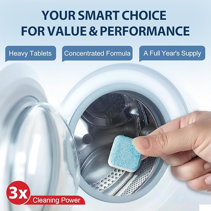 Washing Machine Cleaner Tablets 24 Pack - Deep Cleaning & Descaler for HE Front Load & Top Load Washers, Removes Odor, Residue & Pet Hair, Septic Safe, Eco-Friendly Deodorizer -1 Year Supply