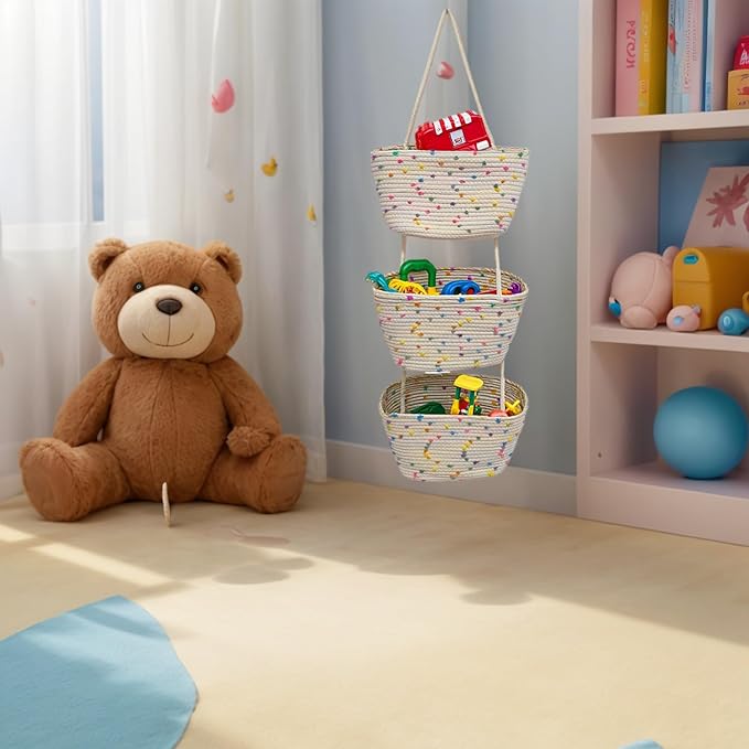 Nursery Storage Must-Have! 3-Tier Cotton Hanging Baskets with Colorful Dots - Over-the-Door Organizer for Baby Clothes, Toys & Essentials