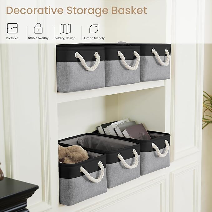 Storage Baskets for Shelves 13.8x9.8x6.7 Inch-Foldable Fabric Organizing Storage Bins with Handles, Closet & Bathroom Organizer, Home Storage for Kitchen, Office (6-Pack, Black&Gray)