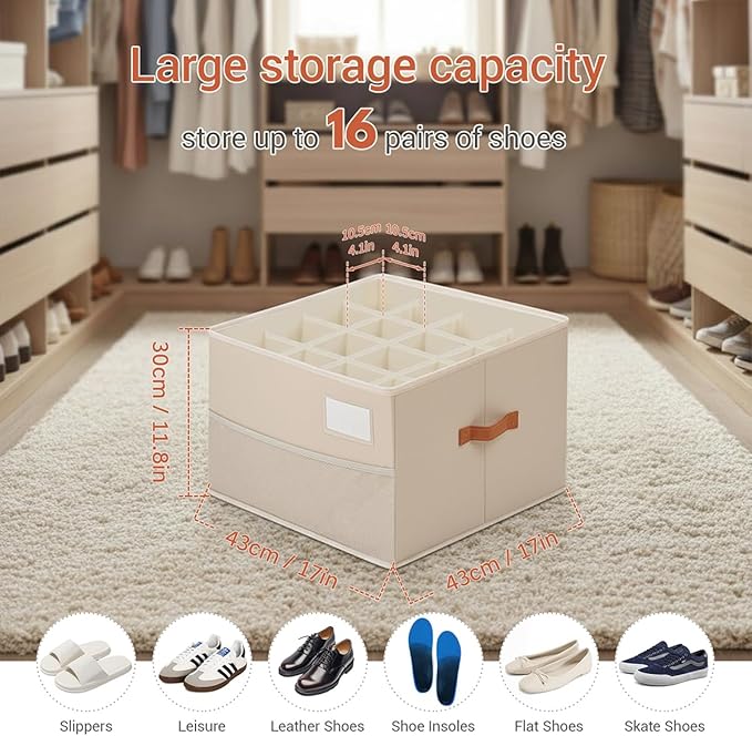 Shoe Organizer for Closet, Foldable Shoe Storage Organizer Containers with Clear Cover, Space Saving Shoes Holder with Handles, Beige (2, L)