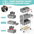 2In1 Diaper Caddy & 4-Tier Rolling Diaper Cart, Diaper Caddy Organizer Cart with Dividers & Drawer, Mobile Metal Bedside Cart for Baby Nursery Essentials Storage, Large Capacity, White