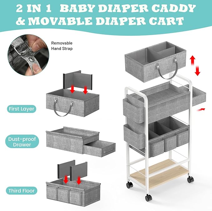 2In1 Diaper Caddy & 4-Tier Rolling Diaper Cart, Diaper Caddy Organizer Cart with Dividers & Drawer, Mobile Metal Bedside Cart for Baby Nursery Essentials Storage, Large Capacity, White