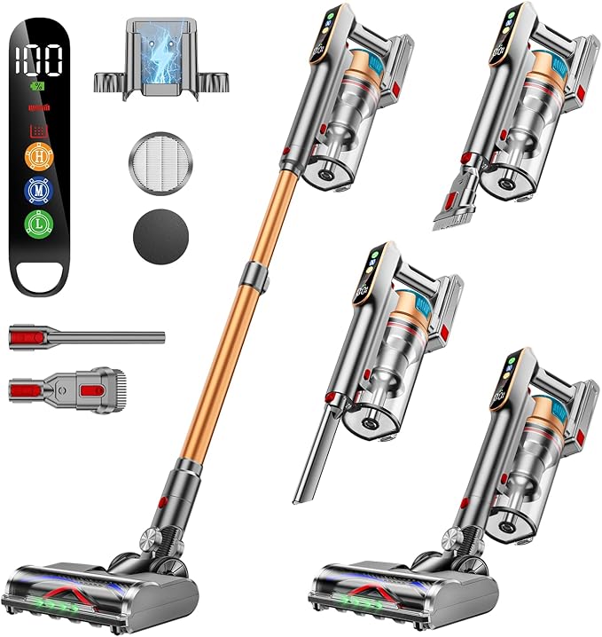 Cordless Vacuum Cleaner, 580W/48KPA/65Mins Vacuum Cleaners for Home, Super 1.8L Cup& Large LED Screen Stick Vacuum Anti-Tangle, Lightweight Cordless Vacuum with Charging Dock for Pet Hair/Carpet/Floor