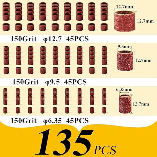 Asieg Tool Sanding Drum Kit 142Pcs 150Grit, 1/2" & 3/8" & 1/4" Diameter Drum Sanding Band with 3.17mm Shank Mandrels for Drill Dremel Rotary Tools Nails Drill