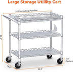 WDT 990Lbs Capacity Heavy Duty Rolling Utility Cart, NSF Rolling Carts with Wheels,Commercial Grade Metal Cart with Handle Bar & Shelf Liner,Trolley Serving Cart for Kitchen,Restaurant,Silver