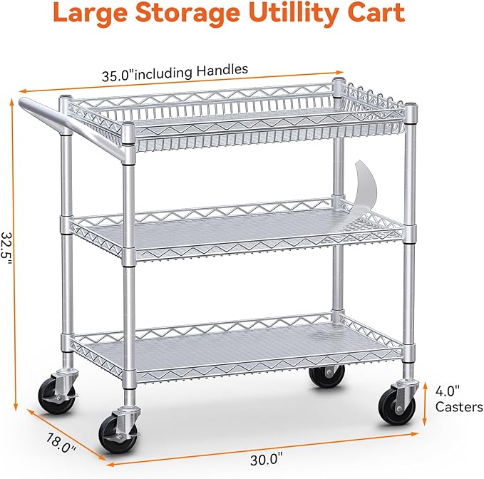 WDT 990Lbs Capacity Heavy Duty Rolling Utility Cart, NSF Rolling Carts with Wheels,Commercial Grade Metal Cart with Handle Bar & Shelf Liner,Trolley Serving Cart for Kitchen,Restaurant,Silver