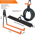 Heavy Duty Garage Hooks 4 Pack, 7.7 inch U Shaped Long Hanger, with 2 Extension Cord Holder Organizer, Wall Mounted Storage System, for Power and Garden Tool Hanging， Ladders, Bikes, Hose
