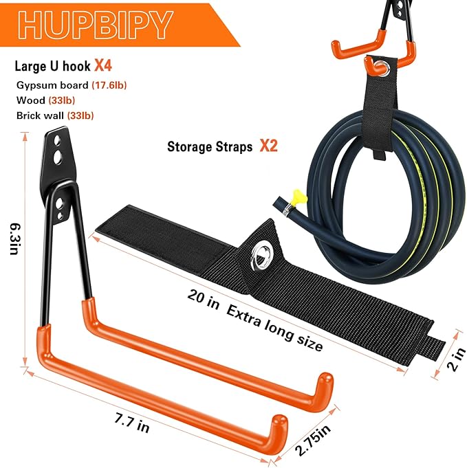 Heavy Duty Garage Hooks 4 Pack, 7.7 inch U Shaped Long Hanger, with 2 Extension Cord Holder Organizer, Wall Mounted Storage System, for Power and Garden Tool Hanging， Ladders, Bikes, Hose