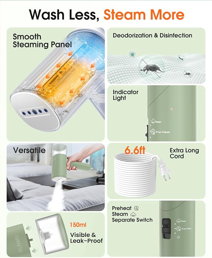 Handheld Steamer for Clothes, 1200W Foldable Travel Steamer, 20 Sec Preheat Garments Wrinkle Remover, 120V Portable Hand Iron with 150ml Water Tank, Clothes Steamer for Home Travel-Green