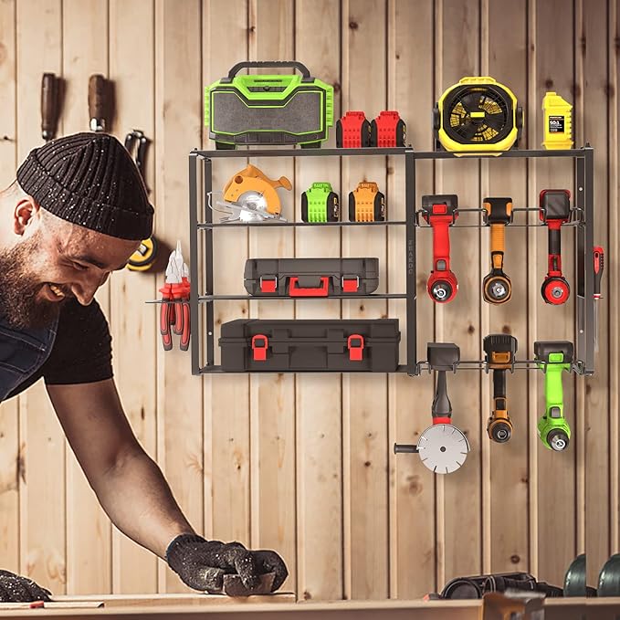 Power Tool Organizer Wall Mount, Heavy Duty Cordless Tool Storage Drill Rack, 5 Layers Garage Organization Tool Shelf with Tool Holder, Birthday Christmas Gift for Men Husband Dad Father