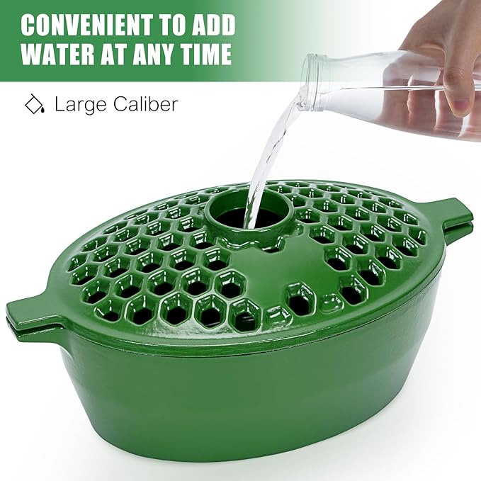 G GOOD GAIN Wood Stove Steamer - Cast Iron Stove Humidifier with Large Opening Top | Oval Bowl Fire Place Stove Pot for Home Heating Decorative | Matte Finish & 2.7 Quart, Green