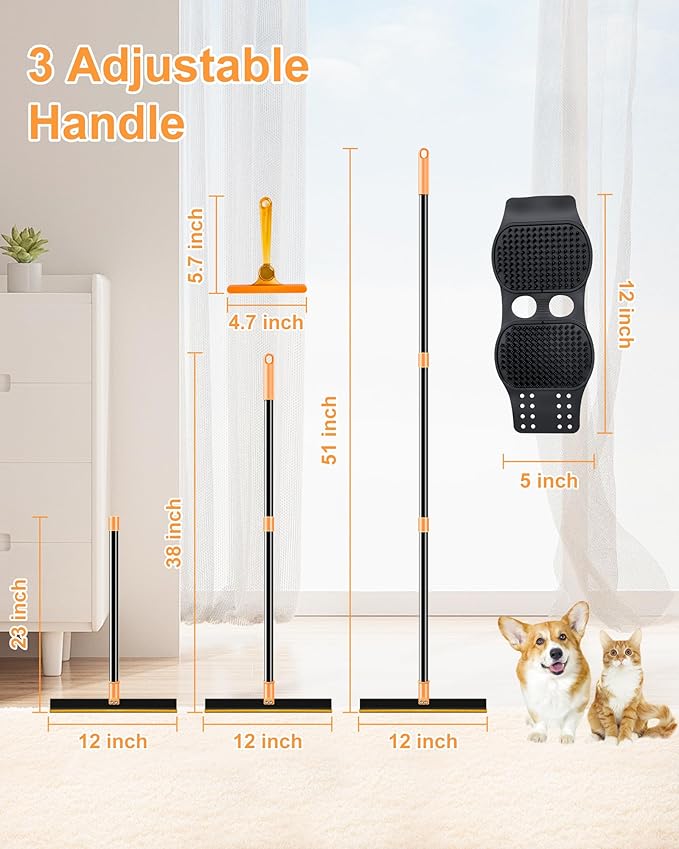 3 in 1 Carpet Rake for Pet Hair Removal Tool, 51” Adjustable Long Handle Pet Hair Removal Broom, Pet Grooming Brush, Cat Dog Hair Remover Carpet Scraper for Rugs, Mats