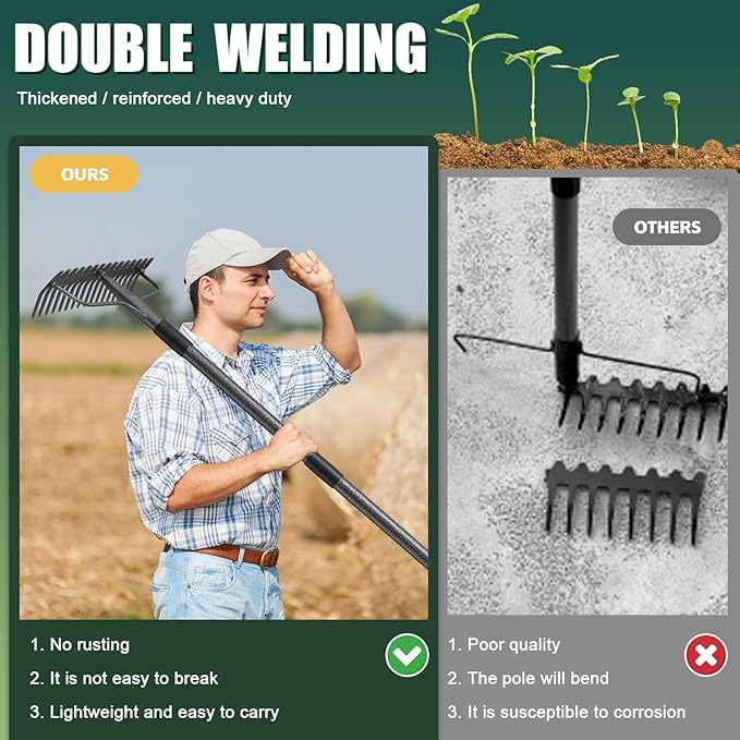 36'' Heavy Duty Garden Rake with Stainless Steel Handle, Metal Head for Loosening Soil, Gathering Leaves, Leveling Lawns