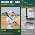 48'' Heavy Duty Garden Rake with Stainless Steel Handle, Metal Head for Loosening Soil, Gathering Leaves, Leveling Lawns