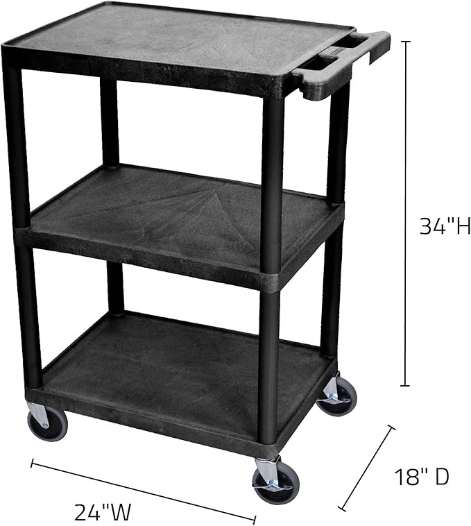 Luxor Multipurpose Storage Utility Cart 3 Shelves Structural Foam Plastic - Black