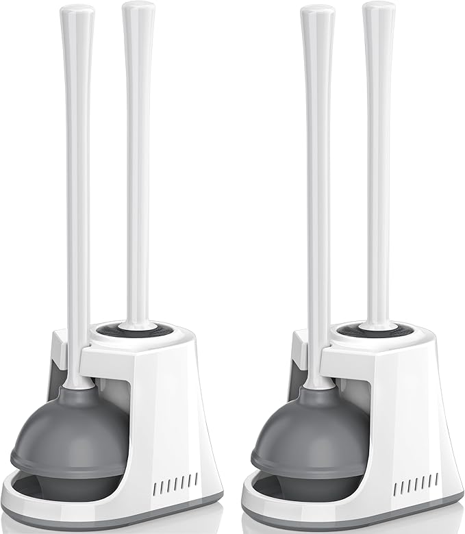 Toilet Plunger and Brush, Bowl Brush and Heavy Duty Toilet Plunger Set with Ventilated Holder, 2-in-1 Toilet Brush and Plunger Combo for Bathroom Cleaning（2 Pack, White）