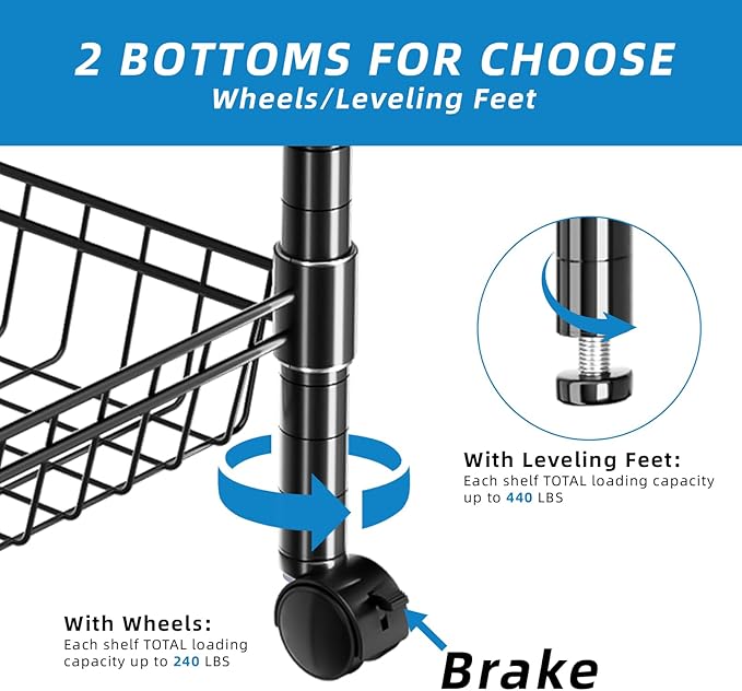 4 Tier Wire Shelving Wire Basket Shelf Storage Cart Adjustable Metal Shelf 2 Bottoms for Choose(Castor or Leveling Feet) for Office,Kitchen,Bedroom,Black(23.23" L x 13.11" W x 49.21" H)
