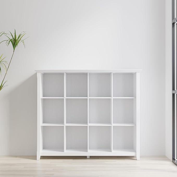 SIMPLIHOME Acadian Bookcase - 57 inch Tall 12-Cube Solid Wood Storage Display Unit in White, Transitional Cube Organizer for Living Room, Study Room or Office with Fixed Shelves and Tapered Legs