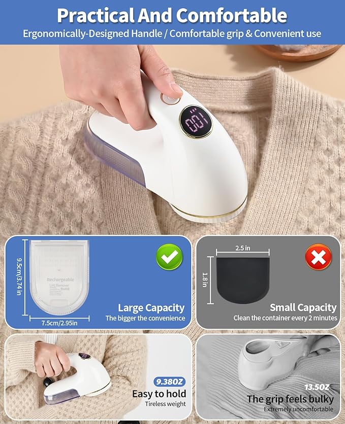 Fabric Shaver, Electric Lint Remover Rechargeable with LED Display, 6-Leaves Blades, 3-Speeds Adjustment, Sweater Shaver to Remove Fuzz, Lint, Pills for Clothes and Furniture, White