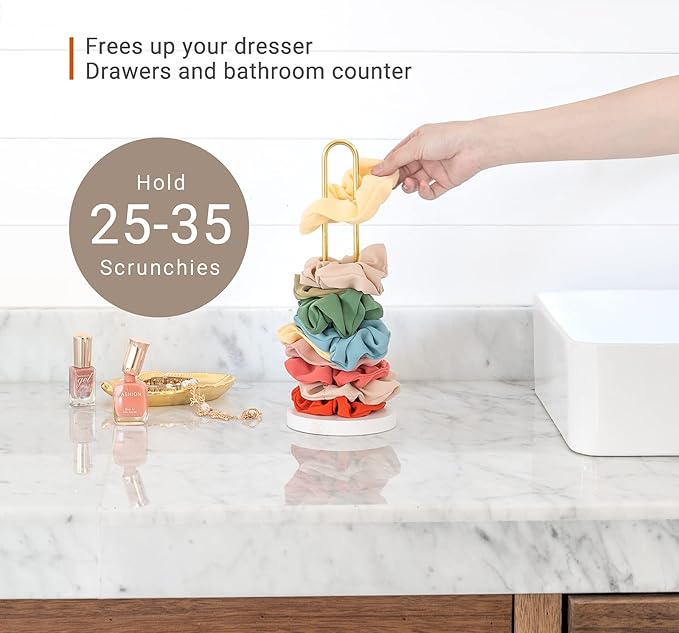 Mkono Scrunchies Holder Stand Hair Accessories Organizer Gold White Metal Scrunchies Tower Hold 25 - 35 Scrunchies Modern Vertical Hair Tie Organizer for Girls, White