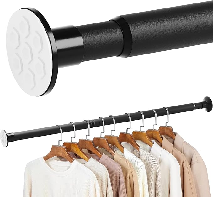 No Drilling Closet Rod, 27.5-74 Inches Hanging Closet Rod for Clothes, Closet Bar & Pole Heavy-duty, Closet Rods for Hanging Clothes For Closet Wardrobes Bathroom Laundry RV Curtains,Black