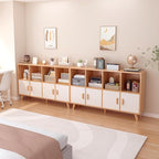 Cubby Shelf Bookcase with Doors - Wooden 8 Cube Floor Standing Open Bookshelf with Solid Wood Legs, 2-Tier Low Storage Cabinet, Oak and Warm White