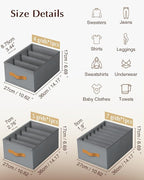 Clothes Organizers and Storage - 4/5/7 Grids Fabric Jeans Organizer with Handles, Foldable Closet Organizers Dividers, Wardrobe organizer for Pant, Sweater, T-shirt, Scarf, 3 Pack, Pale Grey