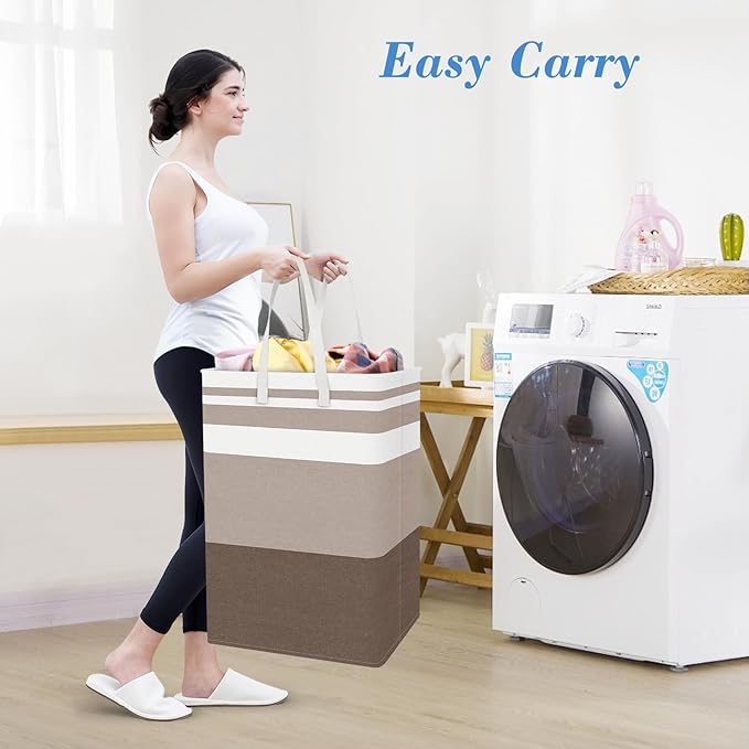 BlissTotes 3-Pack Laundry Basket, Freestanding＆Waterproof Laundry Hamper, Collapsible Tall Clothes Hamper with Easy Carry Handles for Clothes, Towels in the Family and Dorm,Gradient Khaki,100L