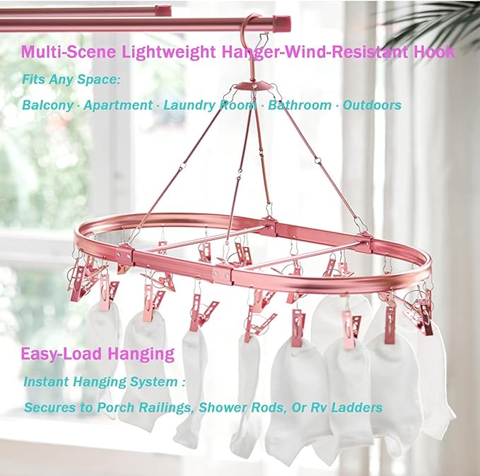 Aluminum Hanging Drying Racks for Laundry with 26 Non-Slip Clips, and Wind-Resistant Hook, Laundry Drying for Socks, Baby Clothes, Underwear, and Delicates.Oval & One-Piece Design, (Dark Red)