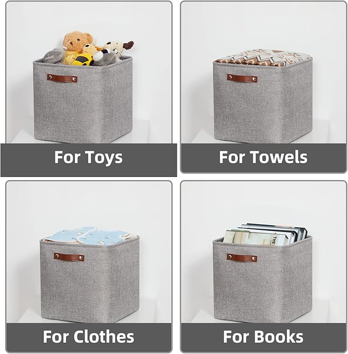 HNZIGE Fabric Storage Cubes Baskets,Set of 4,Foldable Storage Basket with Handles for Organizing,13 x 13 Cube Storage Organizer Bins for Toys, Clothes(Gray)