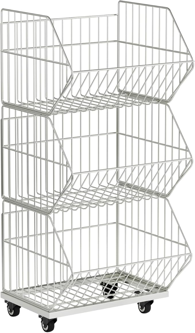 Heavy Duty Standing Metal Shelving Unit, Wire Storage Basket with Wheels, Folding Shoe Racks, Clothing Sweaters Shoes Handbags Organizer for Kitchen Garage Pantry Porch (3-Tier with Base)