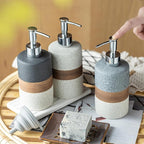 Ceramic Soap Dispenser Set(2 Pack) – Hand Soap, Dish Soap, Shampoo & Shower Soap Dispenser for Bathroom & Kitchen, Stainless Steel Pump, Includes Silicone Funnel & Diatomaceous Tray, Gray