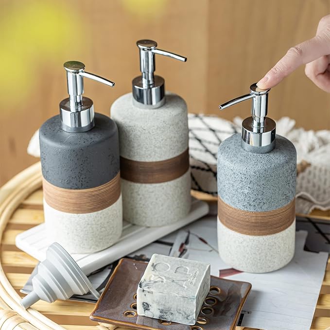Ceramic Soap Dispenser Set(2 Pack) – Hand Soap, Dish Soap, Shampoo & Shower Soap Dispenser for Bathroom & Kitchen, Stainless Steel Pump, Includes Silicone Funnel & Diatomaceous Tray, Gray