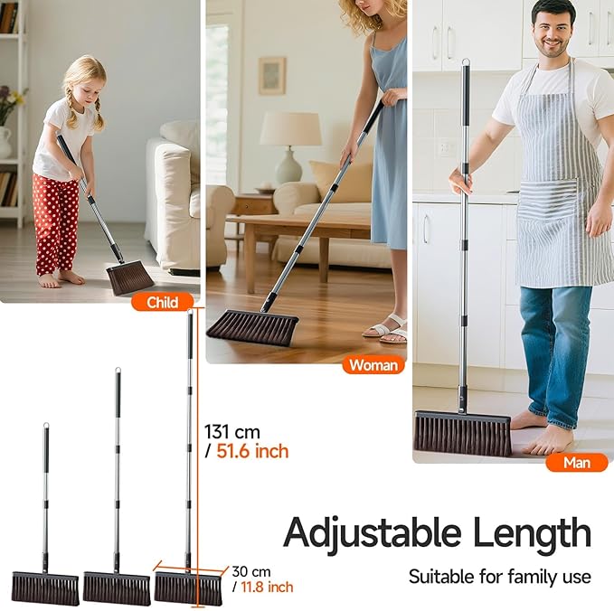 Broom and Dustpan Set for Home, Extra Brush Head & 51.6" Adjustable Long Handle, with Comb Teeth for Pet Hair, Lightweight Indoor Sweeping Kit for Hardwood Floor