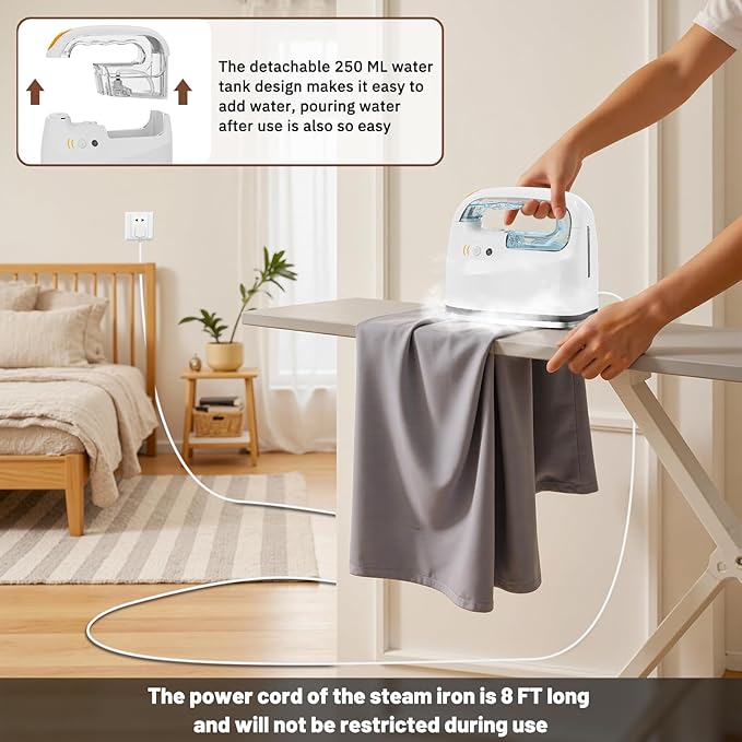 Mini Steamer＆Iron 2 in 1 Garment Steamer, Portable Travel Size Steam Iron for Clothes,1000W, 3 Mode Ironing, 250ML Detachable Water Tank, 8FT Power Cord, Leak Proof Design