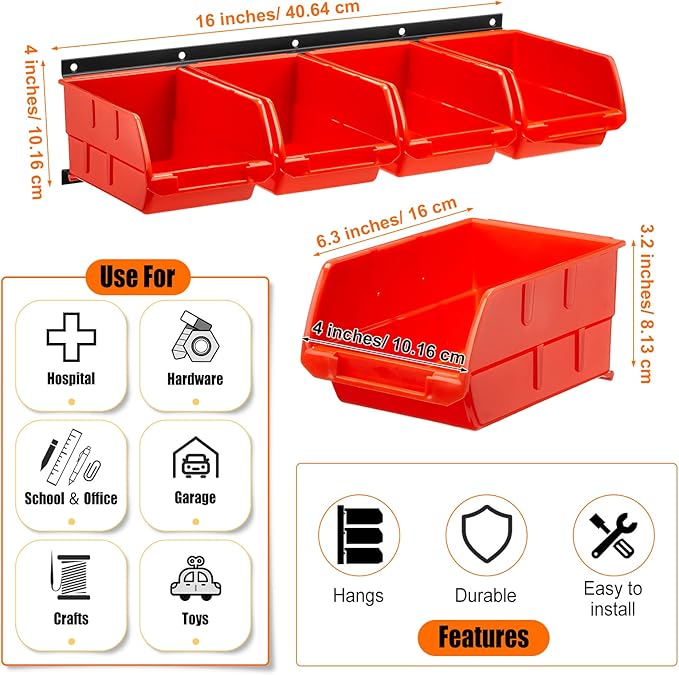 Maitys Wall Mounted Storage Bins Plastic Hanging Stackable Storage Parts Garage Tool Organizer for Screws, Nuts, Bolts, Nails, and Small Hardware Parts, 16x Bins & 4 x Rails(Orange)
